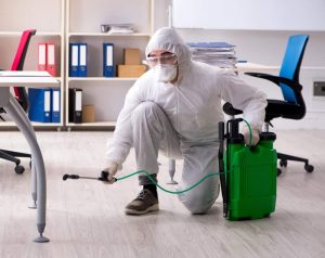 An exterminator in protective gear, including a white suit, mask, goggles, and gloves, kneels on a light wooden floor while spraying disinfectant with a green tank sprayer. Office furniture and shelves with colorful binders provide the backdrop for this thorough pest removal operation.