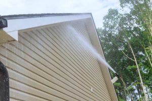 A person pressure washing the siding of a beige house. Water sprays in a wide arc, cleaning the building. Trees with green leaves are visible in the background under a partly cloudy sky.