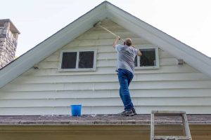 A man stands on the roof of a house, cleaning the siding with a brush attached to a long pole. A blue bucket is nearby. The house is white with two small windows at the top, and a stone chimney is visible on the left.