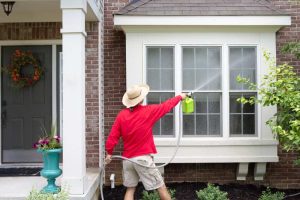A person wearing a red shirt and straw hat is using a hose to spray water onto the windows of a brick house. A green bucket is used for the water. A potted plant sits near the door, which has a wreath.