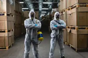 Prestige Pest Unit team performing professional pest control treatment, spraying exterior areas in Sussex County, New Jersey, wearing protective gear and using specialized equipment to eliminate pests.