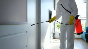 Pest control technician in protective gear spraying insecticide around a residential property in Sussex County, New Jersey