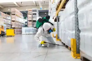 Prestige Pest Unit technician performing a warehouse pest control operation in Sussex County, New Jersey, using professional equipment to inspect and treat for rodents, insects, and other pests in a large industrial storage facility.